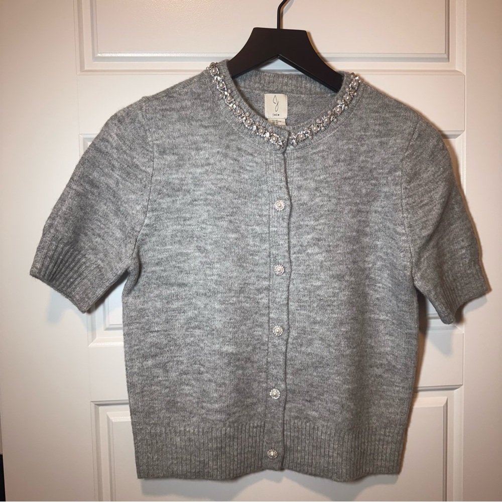 Gray Short Sleeve Cardigan with Embellished Collar size x-small